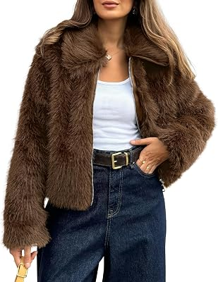 BTFBM Women Faux Fur Coat Zip Up Cropped Winter Fall Jackets,Brown,S