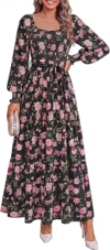 DOWERME Women Long Sleeve Boho Floral Maxi Dress
