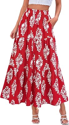BTFBM Maxi Skirts for Women Summer Outfits Elastic High Waist A Line Boho Beach Vacation Cruise Floral Long Skirt 2026(Floral Red White Flower, Small)