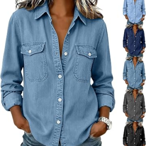 SEVMIEL Women Denim Button Down Shirts