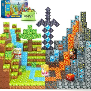 Magnetic Blocks – Build Mine Magnet World Lava Valley Set, 1″ Magnetic Cube Building Toys for Kids Ages 3+, Montessori Sensory Toys for Toddlers, Creative Game Themed Toy Gifts for Boys & Girls