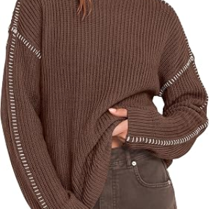 BTFBM Womens Oversized Sweaters Contrast Chunky Knit Sweater,Brown,S