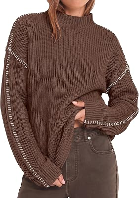 BTFBM Womens Oversized Sweaters Contrast Chunky Knit Sweater,Brown,S
