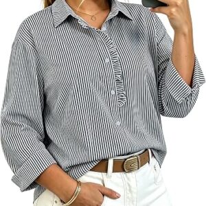 CHARMING ASHLEY Womens Plus Size Striped Long Sleeve Button Down Shirts