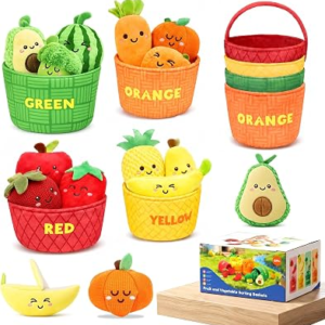 Velenyth Baby Sensory Toys 6-12 Months, 16PCS My First Fruit Vegetable Play Food, Crinkle Rattle Color Sorting Learning Toy, Fine Motor Skills Toy, Montessori Toys for 1 Year Old,