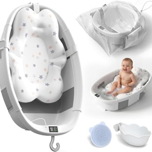Collapsible Baby Bathtub – Large Baby Bath Tub with Thermometer | Bath Essential Bañera para Bebe Easy Fold Baby Tub | Travel Infant Newborn Toddler Bathtub for Baby Girl Boy 0 to 36 Months (Grey)