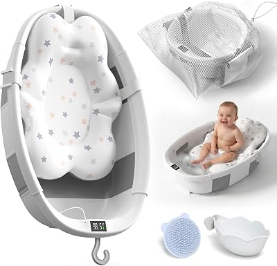 Collapsible Baby Bathtub - Large Baby Bath Tub with Thermometer | Bath Essential Bañera para Bebe Easy Fold Baby Tub | Travel Infant Newborn Toddler Bathtub for Baby Girl Boy 0 to 36 Months (Grey)