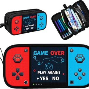 Game Controller Pencil Case for Boys Kids Teens, Large Capacity Pencil Pouch with 3 Compartments, 7 Pockets and Label Pocket for School College Office Travel (Red & Blue)