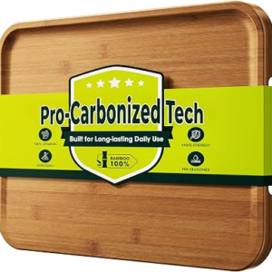 FSC-Certified 15” x 11” Deep-Carbonized Bamboo Cutting Board for Kitchen | Wood Chopping Board with Reversible Charcuterie & Juice Groove, Easy-Grip Handles, House Warming Gifts