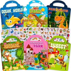 6 Reusable Sticker Books for Toddlers 1-3 2-4 Years,300+ Stickers | Travel Toys for Road Trip & Airplane Essentials | Dinosaurs, Animals, Farms,Ocean,Insect,Amusement Park Theme Busy Book