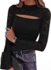 PRETTYGARDEN Womens Sexy Bell Long Sleeve Cut Out Lace Tops