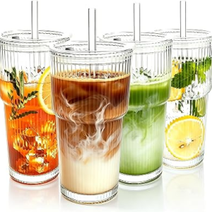 4PCS 20oz Glass Cups with Lids and Straws, Iced Coffee Cups with Lids, Stylish Ribbed Thick Drinking Glasses Tumbler for Juice, Smoothies, Cold Beverages, Cute Cup Gifts with Clean Brush