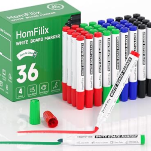 HomFilix White Board Markers Dry Erase 36 Pack Bulk, 2 mm Fine Bullet Tip, Low-Odor Plant-Based Ink, 4 Colors for Classroom, Office & Home Use | Premium Dry Erase Marker Set