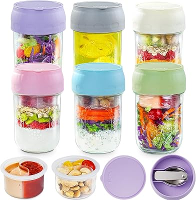 Miuyhji 6 Pack Overnight Oats Containers with Lids, Jars for Overnight Oats | Chia Pudding Jars with Lids, Chia Seed Pudding Jars with Folding Spoons & Divided Compartments for Fruit & Nuts