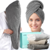 YFONG 3 Pack Large Microfiber Hair Towel Wrap, 30″ x 10″ Anti Frizz Quick Dry Hair Towels for Women Long, Curly, Thick Hair, Super Absorbent Hair Turban for Wet Hair (Grey, White, Camel)