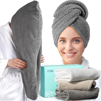 YFONG 3 Pack Large Microfiber Hair Towel Wrap, 30" x 10" Anti Frizz Quick Dry Hair Towels for Women Long, Curly, Thick Hair, Super Absorbent Hair Turban for Wet Hair (Grey, White, Camel)