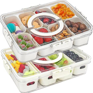 2 Pack Divided Serving Tray with Lid and Handle, 12 Compartments Snackle Box Container for Portable Snack Platters Large Clear Organizer for Picnic Snacks to Go Dishwasher Safe