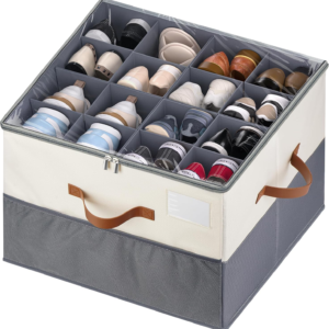 MSTONAL Shoe Organizer for Closet, 1 Pack Shoe Storage Container with Adjustable Dividers, Space Saving Shoe Box Storage Organizer Bin with Clear Lid and 4 Handles, Fits 8-16 Pairs, Beige & Grey
