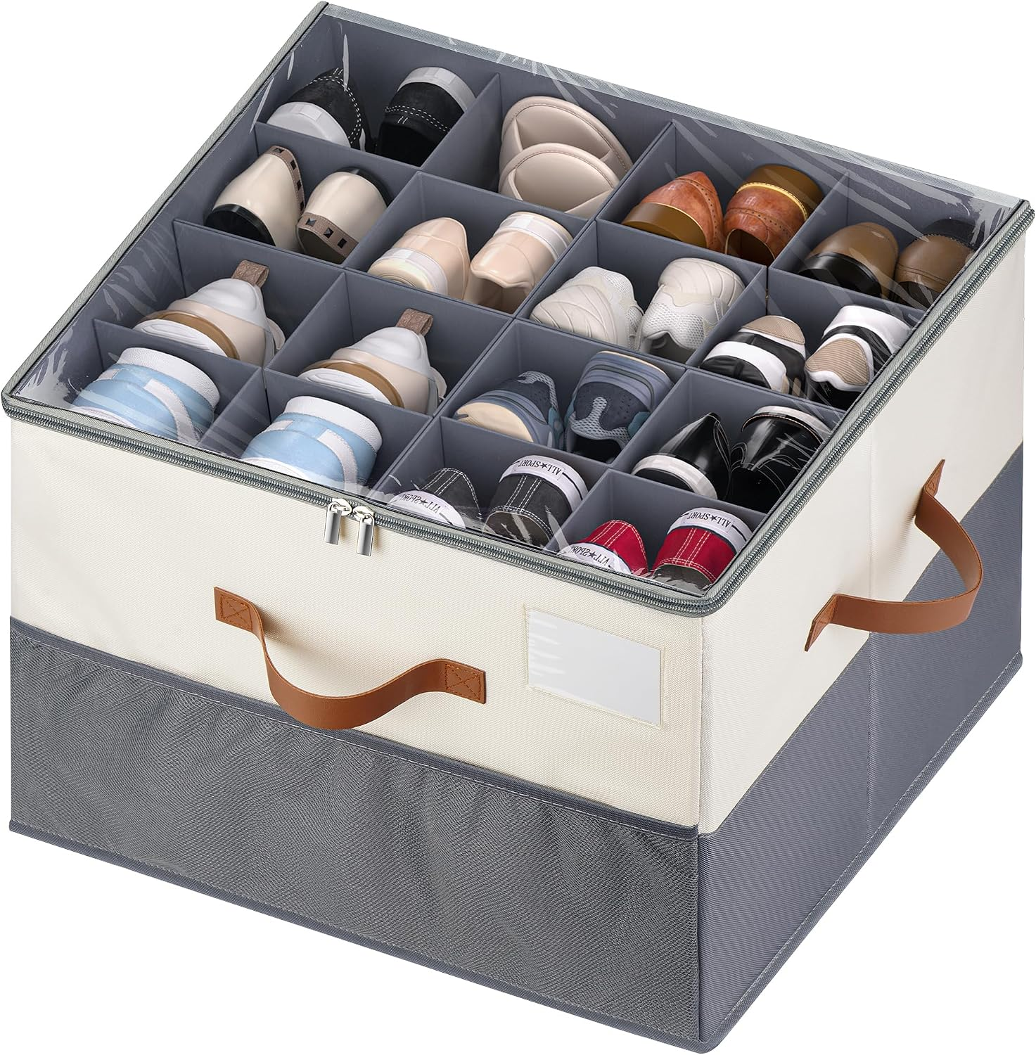 MSTONAL Shoe Organizer for Closet, 1 Pack Shoe Storage Container with Adjustable Dividers, Space Saving Shoe Box Storage Organizer Bin with Clear Lid and 4 Handles, Fits 8-16 Pairs, Beige & Grey