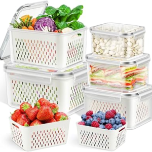 TBMax Fruit Storage Containers for Fridge Organizers and Storage, 10 Pieces Large Produce Saver with Airtight Lid & Colander for Berry Lettuce Salad Vegetable Storage, Refrigerator Organizers