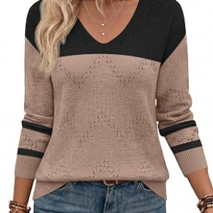 Zeagoo Womens Sweaters Long Sleeve V Neck Off Shoulder Crochet Pullover Top