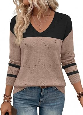 Zeagoo Womens Sweaters Long Sleeve V Neck Off Shoulder Crochet Pullover Top