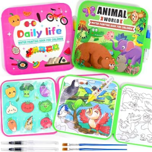 Vodolo Water Painting Book for Toddlers – 2 Pack Reusable Magic Water Coloring Book with 4 Water Pen 2 Brush – Mess Free Painting for Toddlers,No Mess Paint Coloring for Ages 3+ Travel Activity Toys