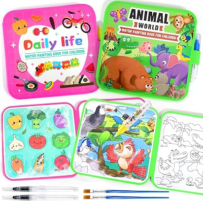 Vodolo Water Painting Book for Toddlers - 2 Pack Reusable Magic Water Coloring Book with 4 Water Pen 2 Brush - Mess Free Painting for Toddlers,No Mess Paint Coloring for Ages 3+ Travel Activity Toys