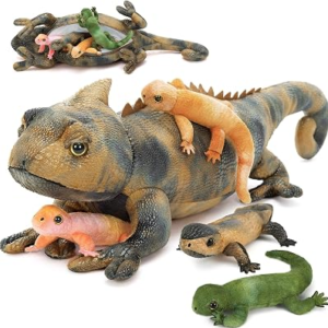 Lizard Stuffed Animal with 4 Babies, 27“ Gray Chameleon Plush Toy | Soft Reptile Plushies; Zipper Belly Storage; Hide-and-Seek Pretend Play; Birthday and Christmas Gift for Kids