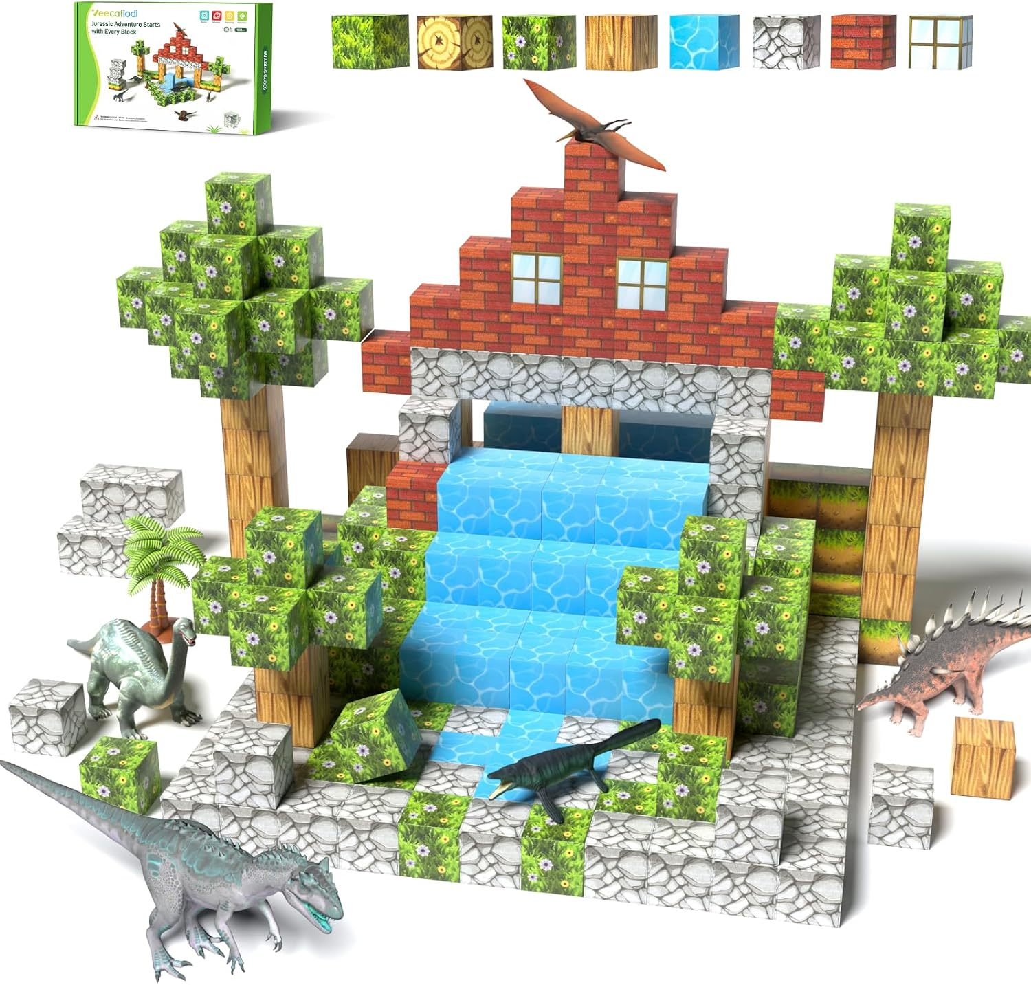 Veecafiodi Magnetic Blocks 108PCS, Dinosaur Magnetic Building Blocks with 6 Dinosaur Figures, Magnetic Blocks for Kids Ages 3-5, 4-8, STEM Construction Toy