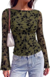 KIRUNDO Floral Going Out Tops for Women 2026 Fall Mesh Top,Army Green,S