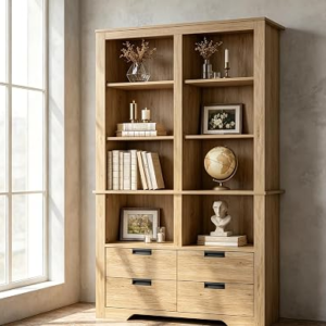 GARVEE 72″ Farmhouse Bookcase with 4 Drawers