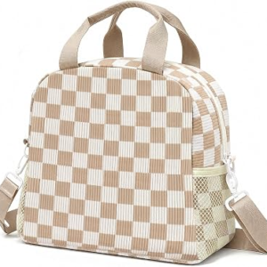 Lunch Box for Women Adult Insulated Lunch Bag Lightweight Reusable Leakproof Cooler Corduroy Lunch Tote Bags with Adjustable Shoulder Strap for Office Travel Picnic. (Khaki and White Checkered Plaid)