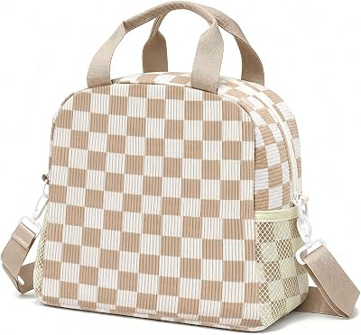 Lunch Box for Women Adult Insulated Lunch Bag Lightweight Reusable Leakproof Cooler Corduroy Lunch Tote Bags with Adjustable Shoulder Strap for Office Travel Picnic. (Khaki and White Checkered Plaid)