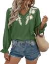 BTFBM Womens Tops Dressy Casual Fall 2025 Boho V Neck Ruffle Long Sleeve Shirts Floral Embroidered Work Business Blouses(Green, Medium)