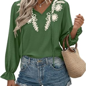 BTFBM Womens Tops Dressy Casual Fall 2025 Boho V Neck Ruffle Long Sleeve Shirts Floral Embroidered Work Business Blouses(Green, Medium)
