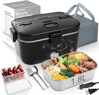 COZYEXPERT Electric-Lunch-Box-Heated-Food-Warmer 100W Heating Box for Adult | 1.8L Portable Food Heater for Work/Car, 12V/24V/110-230V Lonchera Eléctrica Portátil with Fork Spoon (Black)