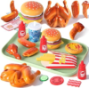 Wooden Play Food for Kids Kitchen Set with 10 Stacking Challenge Cards, 40+ Pcs Fake Fast Food Hamburger Toy with Roast Chicken & Play Money, Pretend Play Toys Birthday Gift for Toddlers Age 2-6