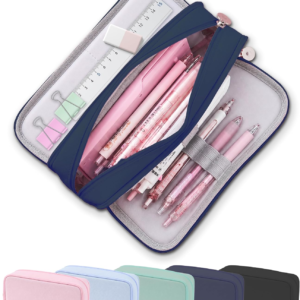 FAHZON Cute Pencil Case, 3 Large Compartments Pencil Pouch, Elastic Pen Slots&Mesh Pockets for Stationery, Pencil Bag for School Supplies with Zipper for Girls Boy Women Teens Adults-NavyBlue