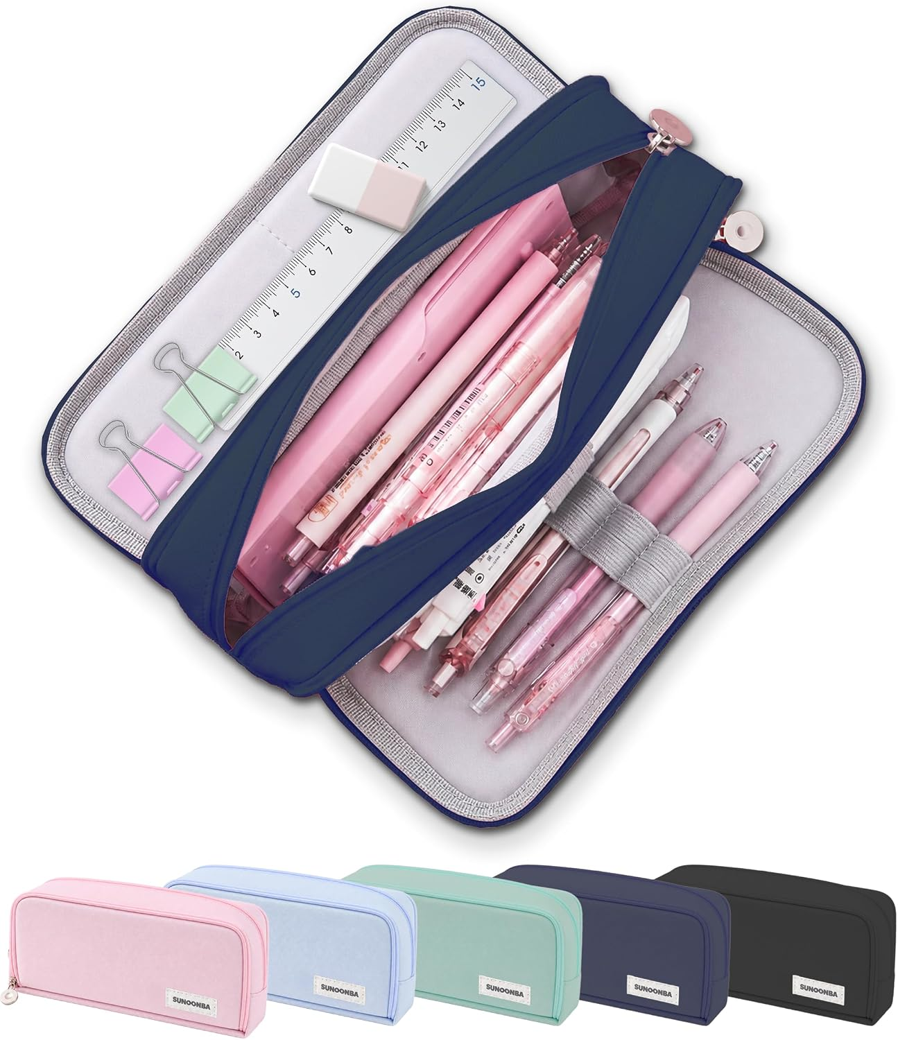 FAHZON Cute Pencil Case, 3 Large Compartments Pencil Pouch, Elastic Pen Slots&Mesh Pockets for Stationery, Pencil Bag for School Supplies with Zipper for Girls Boy Women Teens Adults-NavyBlue