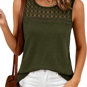 BTFBM Tank Top for Women 2026 Sleeveless Shirts Waffle Knit Vest Crew Neck Casual Outfits Loose Blouses Summer Tops(Army Green, X-Small)
