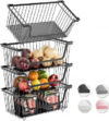 4 Pcs Stackable Wire Baskets Pantry Organizers and Storage Bins,Black | Breathable Metal Design with Rotating Handle,Idea for Potato Onion Fruit Snack Veggie Kitchen Countertop Freezer Organization