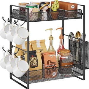 Metal 2 Tier Coffee Bar Station Countertop Organizer with Mug Holder, Black | Kitchen Counter Station Organizer, Office, Coffee Mug Rack, with 6 Hooks Side Basket