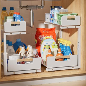 Delamu Under Sink Organizer Kitchen, 2-Tier Pull-Out Cabinet Shelf, 2-Pack