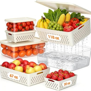 Fruit Storage Containers for Fridge, 4 Pack Plastic Food Storage Container | Fruit Containers Set with Removable Colander, Produce Saver Keep Berry Fruits Vegetables Meet Fresh Longer, Dishwasher Safe