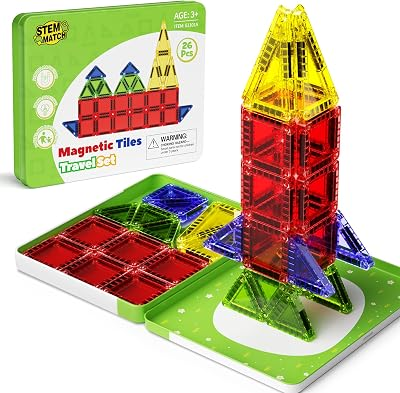 Travel Magnetic Car Tiles Set: Strong Magnets,Road Trip Essentials | 26 PCS Mini Magnet Building Blocks in Tin Box, 0.65lb Pocket Educational Toy, Toddler Airplane Activity Toys Ages 3-8