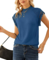 AceNest Cap Sleeve Fringe Tops Cable Knit Sweater Crochet Blouses Blue L