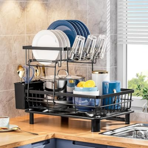 GAOKASE Dish Drying Rack, Stainless Steel-Dish Rack, Double Layer, | Dish Racks for Kitchen Counter, Kitchen Dish Drainers with Removable Utensil Holder,New Drain Outlet, (Black 3)