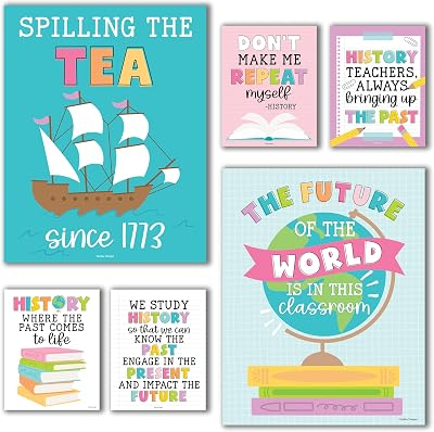 Hadley Designs 6 Social Studies Classroom Decorations – US History Posters for Elementary, Middle School and High School, Durable World History Wall Art for Teachers - Pastel Classroom Decor