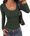 KIRUNDO Womens Sweaters Long Sleeve Slim Fit Pullover Tops(Army Green, S)
